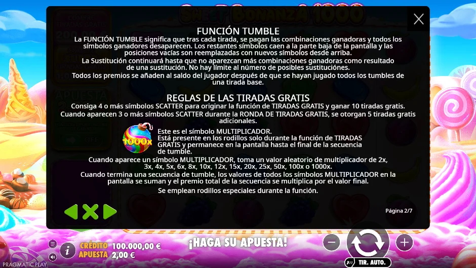 Función tumble y tiradas gratis de Sweet Bonanza 1000